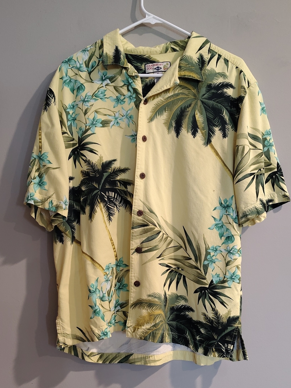 Vintage Caribbean Joe Men's Xlg Yellow Tropical Palm‎ Button-Up Shirt